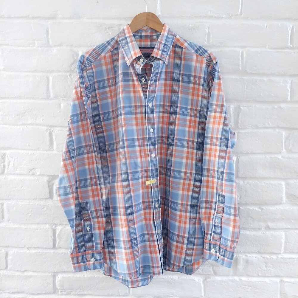 Vineyard Vines Shirt Mens Large Blue Orange Check Slim Fit Button Up Long Sleeve